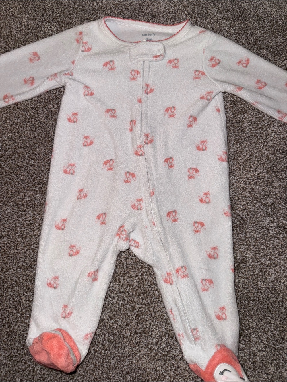 Carter's White Footed One-Piece with Coral Animal Prints| tiny hole